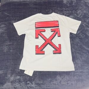 Off-White Red and White Short Sleeve Tees with Bold Graphics